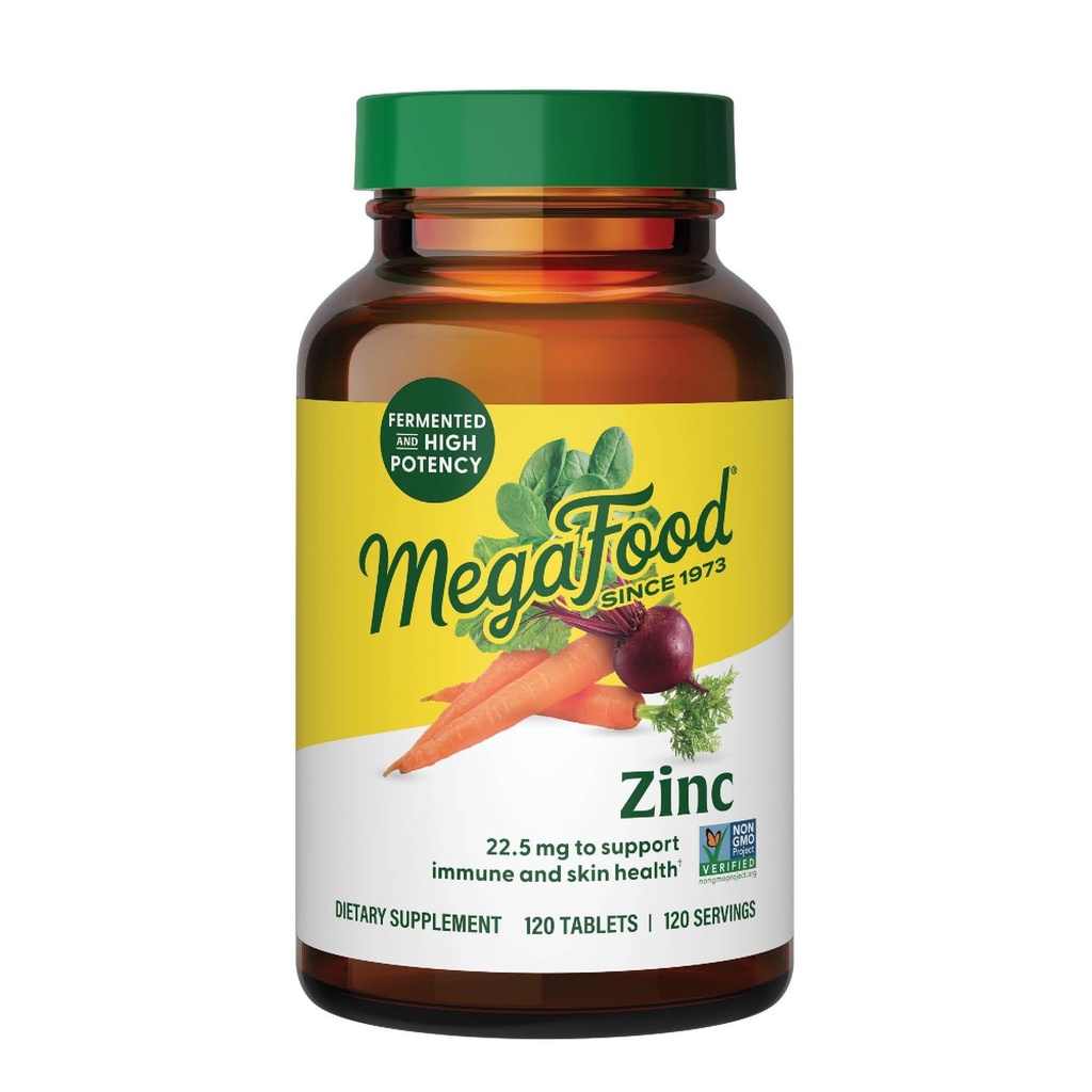 Suppléments de zinc MegaFood pour les femmes et les hommes - Supplément de soutien immunitaire végétalien avec 22,5 mg de comprimés de zinc fermentés à haute puissance - Fait avec de la nourriture réelle - 120 comprimés, 120 portions