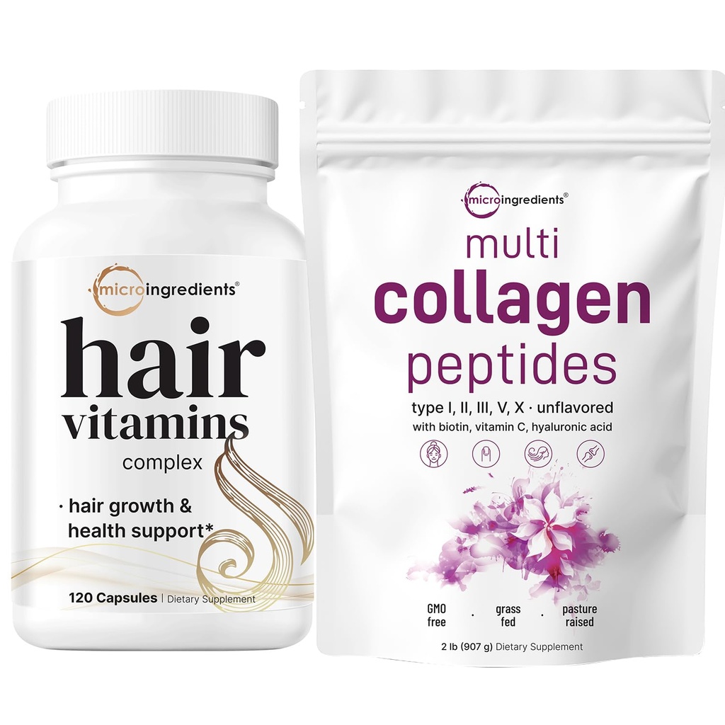 Micro Ingredients Multi Collagène Protéine Poudre 2 Pounds & Vitamines capillaires Capsules complexes Pack d'ensembles