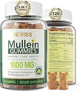 NEVISS Mullein Gummies pour les poumons, extrait de feuille de Mullein biologique 1000mg pour le système respiratoire avec Quercetin & Bromelain, D3 pour le soutien digestif, Immune Booster, sans sucre, végétalien, 120 comte