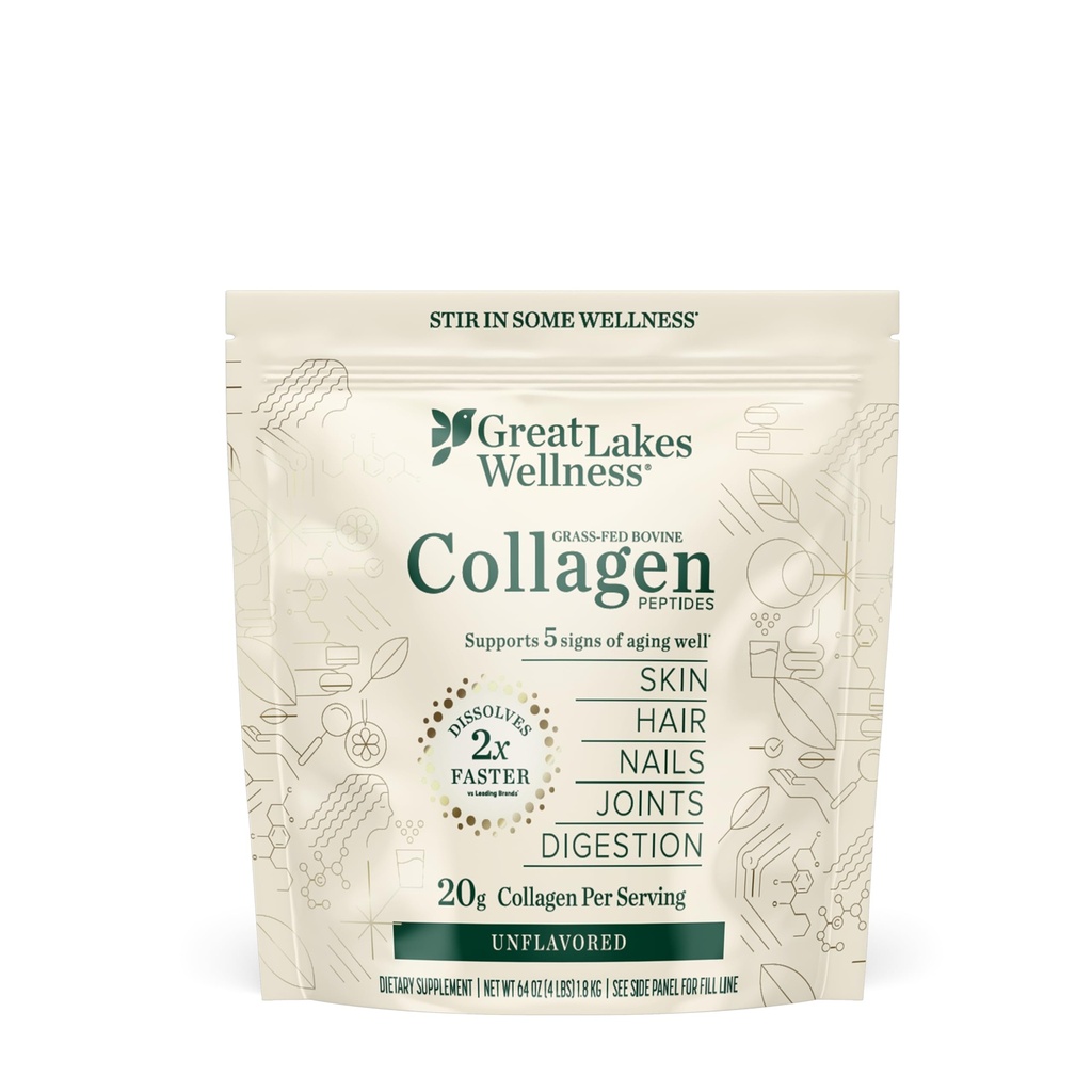 Great Lakes Wellness Collagen Peptides Poudre pour la peau, les cheveux, les ongles, les articulations et la digestion - Non aromatisé - Dissoudre rapidement Hydrolysé, non-OGM, Keto, Kosher - 4 lb.