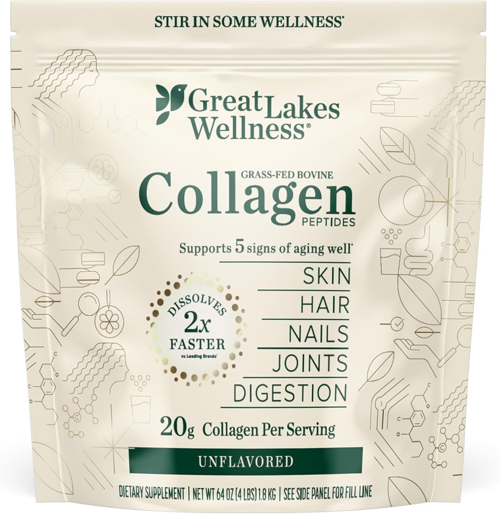 Great Lakes Wellness Collagen Peptides Poudre pour la peau, les cheveux, les ongles, les articulations et la digestion - Non aromatisé - Dissoudre rapidement Hydrolysé, non-OGM, Keto, Kosher - 4 lb.