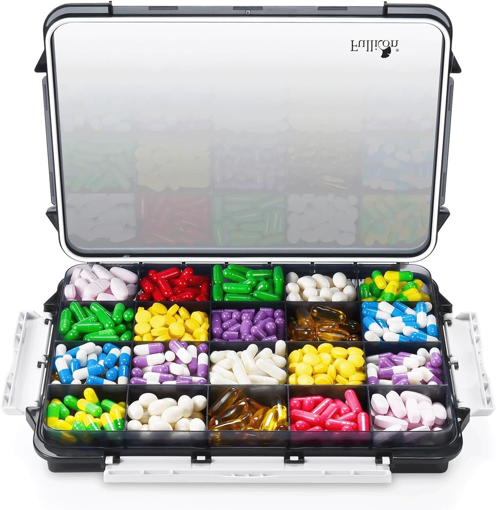 Fullicon Extra Large Pill Organizer with Moisture Proof Design, Travel Jumbo Pill Box with 20 Compartiment, organisateur de supplément pour les vitamines avec 3 boucles sécurisées (noir)