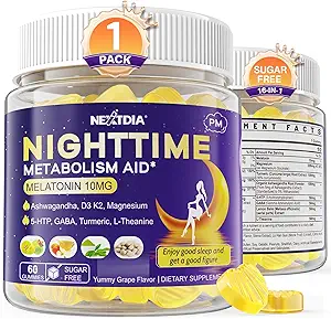 1Pack Melatonin 10mg Gummies, Métabolisme de nuit Gummies pour adultes, Crush Excess Hoarding pendant que vous vous reposez, promouvoir Zzz santé, avec Magnésium, Ashwagandha, 5-HTP, GABA, 100% sans médicament, sans sucre