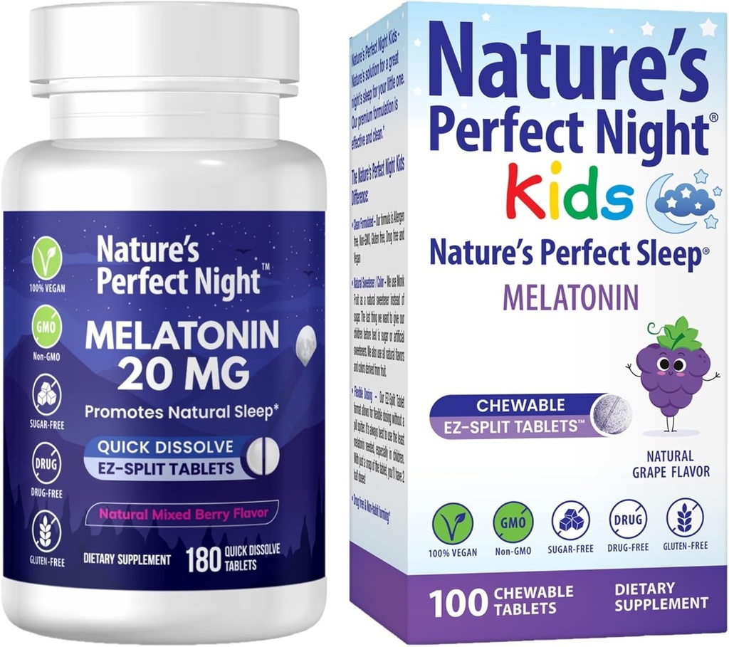 Nature's Perfect Night Bundle (en anglais seulement) Melatonin 20mg (en anglais seulement) Enfants Melatonin 1mg (en anglais seulement) 180 Nombre (en anglais seulement) 100 Nombre (en anglais seulement) Sans sucre (en anglais seulement) Sans gluten (en anglais seulement)