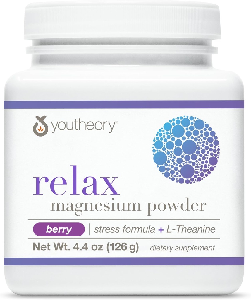 Youtheory Relax Magnésium Powder - Vegan Stress Relief Supplement with L-Theanine & GABA* - Supports Relaxation* - Sans produits laitiers, sans soja et sans gluten - Berry, 4,4 oz