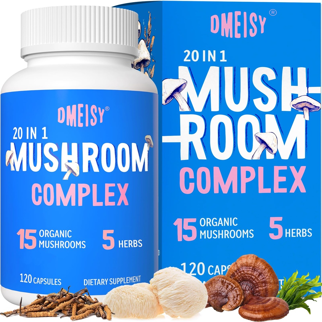 Supplément de champignons 2600mg, 20-en-1 Complexe de champignons, avec Lions Mane, Cordyceps, Reishi, Turkey Tail, Chaga - Suppléments Cerveau pour la Mémoire et la Focus, Suppléments Mémoire, Mood, Immunité, 120 Capsule