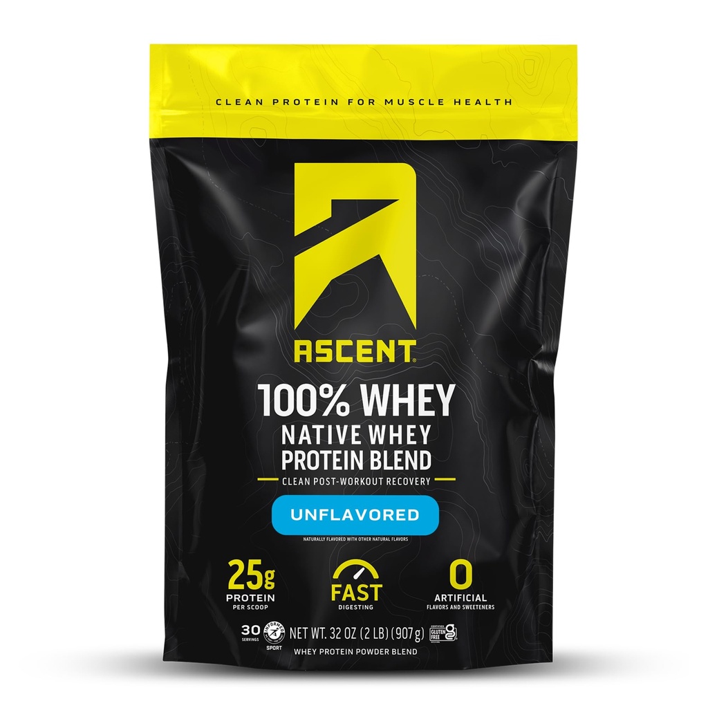 Ascent 100% Whey Protein Powder - Post Workout Whey Protein Isolate, Zero Artificial Flavors & Sweeteners, Gluten Free, 5.5g BCAA, 2.6g Leucine, Unflavored 2 lb