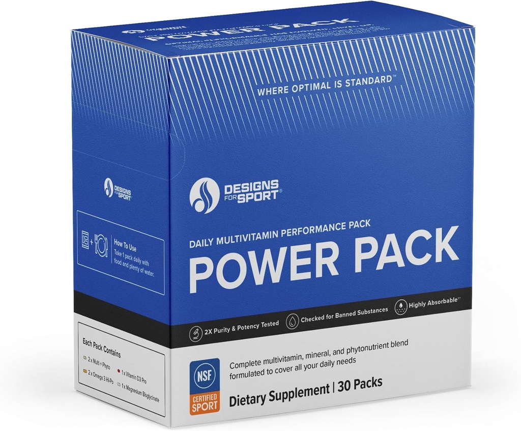Designs for Sport Vitamin Packs - NSF Certified for Sport Power Pack with Daily Multivitamin, Fish Oil Omega-3, Magnesium Glycinate & Vitamin D3 + K - Athlete's Supplement Stack (30 Packets)