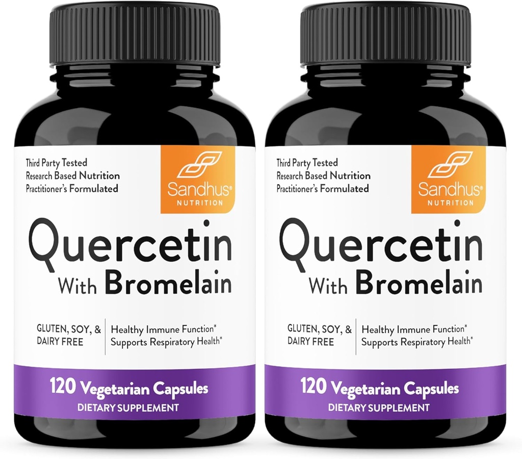 Sandhu's Quercetin avec Bromelain Capsules Végétariennes Suppléments 120 Compte (paquet de 2) , Bioflavonoïdes pour le soutien immunitaire et la santé respiratoire, support d'allergie saisonnière , Quercitine pour les hommes et les femmes