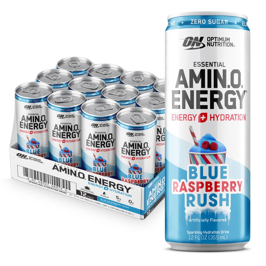 Optimum Nutrition Amino énergie Sparkling boisson d'hydratation, électrolytes, caféine, acides aminés, BCAAs, sans sucre, nouvelle ruée vers la framboise bleue, 12 Fl Oz, 12 pack (emballage mai Vary)