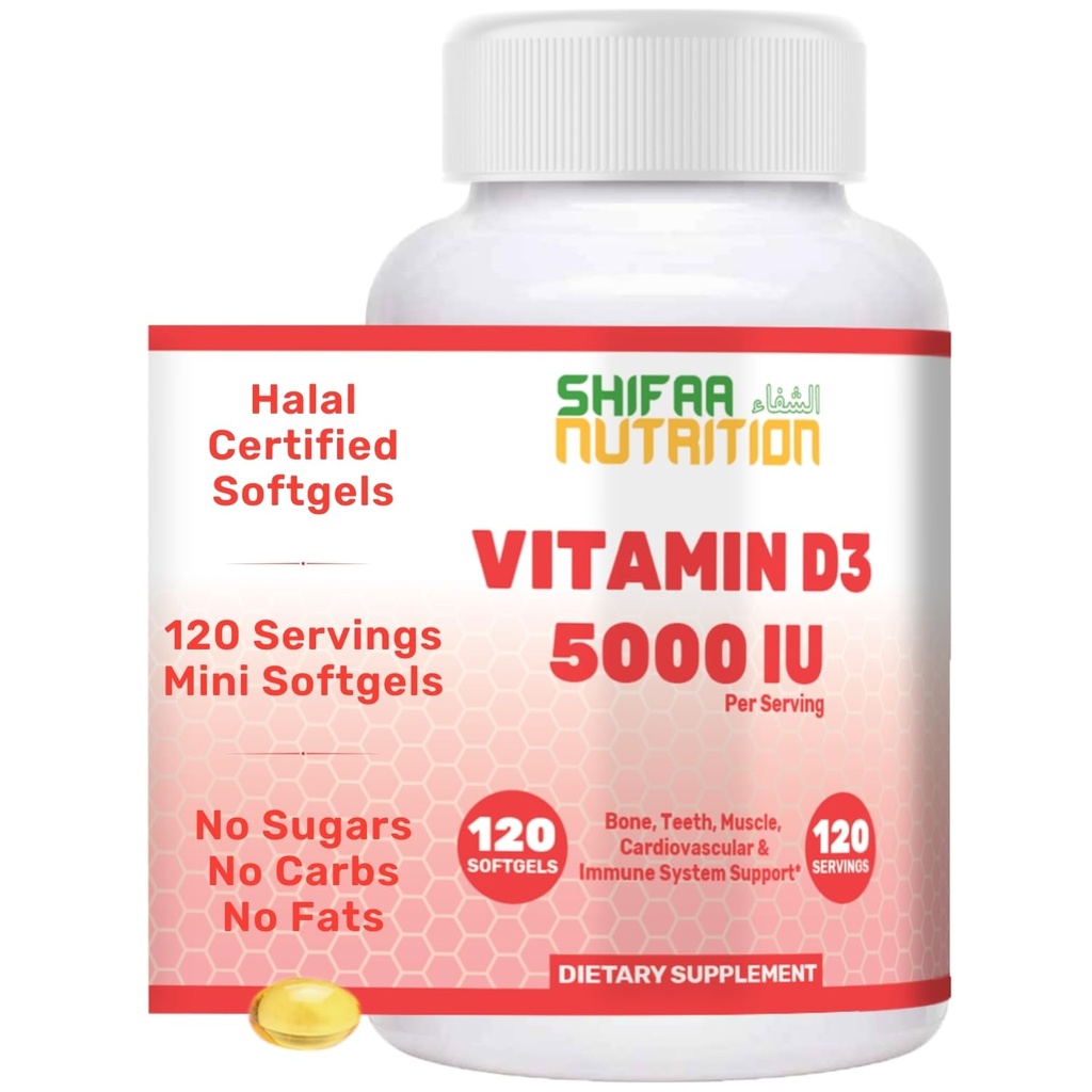 SHIFAA NUTRITION Vitamine halale D, Vitamine halale D3, 5000 UI Softgels, 120 portions. Non-OGM, sans gluten, supports: Structure, os, dents, coeur, muscles et fonctions immunitaires