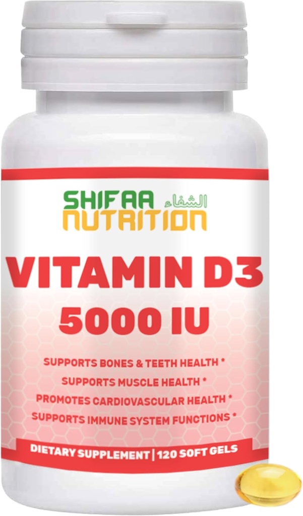 SHIFAA NUTRITION Vitamine halale D, Vitamine halale D3, 5000 UI Softgels, 120 portions. Non-OGM, sans gluten, supports: Structure, os, dents, coeur, muscles et fonctions immunitaires