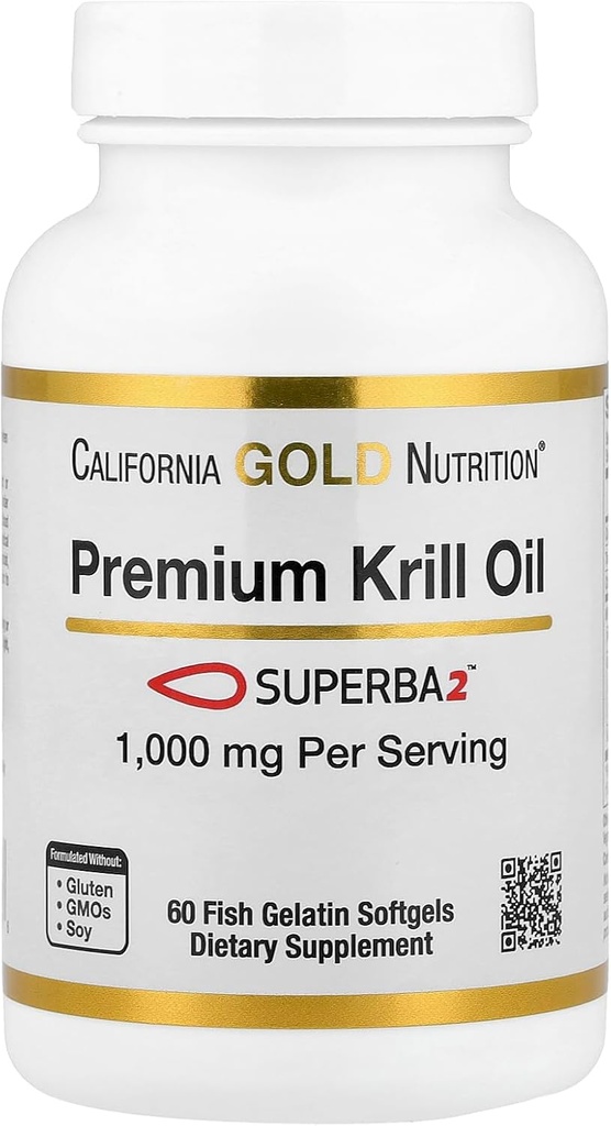 California Gold Nutrition Premium Krill Oil with Superba2 Biodisponible Oméga-3s de l'Antarctique Krill - Heart & Brain Health Support - sans gluten, non-OGM - 1000 mg - 60 poissons gélatine Softgels