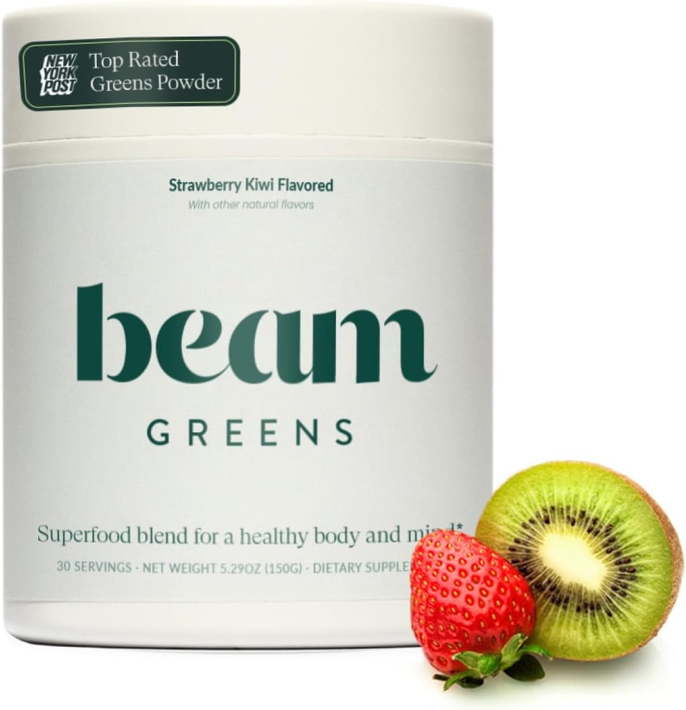 Poudre de Beam Greens, supplément super-alimentaire pour la santé des Guts, mélange biologique végétalien avec Ashwagandha, vitamine C, B12, B6, D, non-OGM quotidien detox & Immune support, fraise Kiwi Flavor - 30 portions
