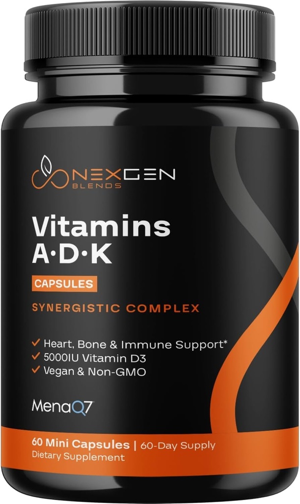 Supplément de vitamine ADK à haute absorption - Vitamine végétalienne D3 K2 MK7 & A pour la régulation du calcium Plus Thyroïde du coeur ossé et soutien immunitaire - Vitamine ADK avec 5000IU D3 Non OGM et sans gluten (2 mois)