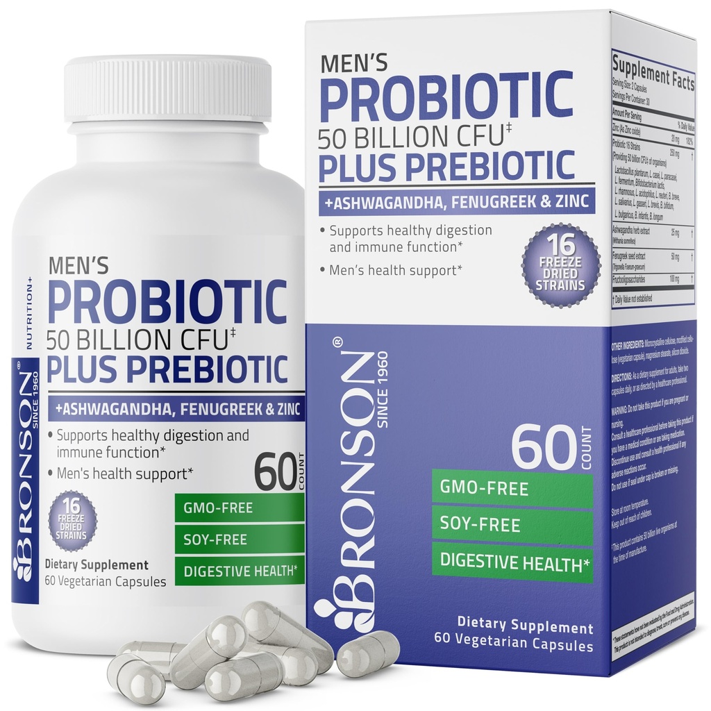 Bronson Homme Probiotique 50 Million CFU Plus Prébiotique avec Ashwagandha, Fenugreek et Zinc, soutient la digestion saine et la fonction immunitaire non-OGM, 60 capsules végétariennes