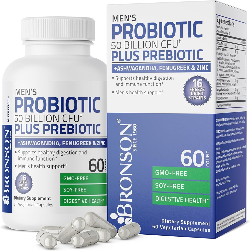Bronson Homme Probiotique 50 Million CFU Plus Prébiotique avec Ashwagandha, Fenugreek et Zinc, soutient la digestion saine et la fonction immunitaire non-OGM, 60 capsules végétariennes