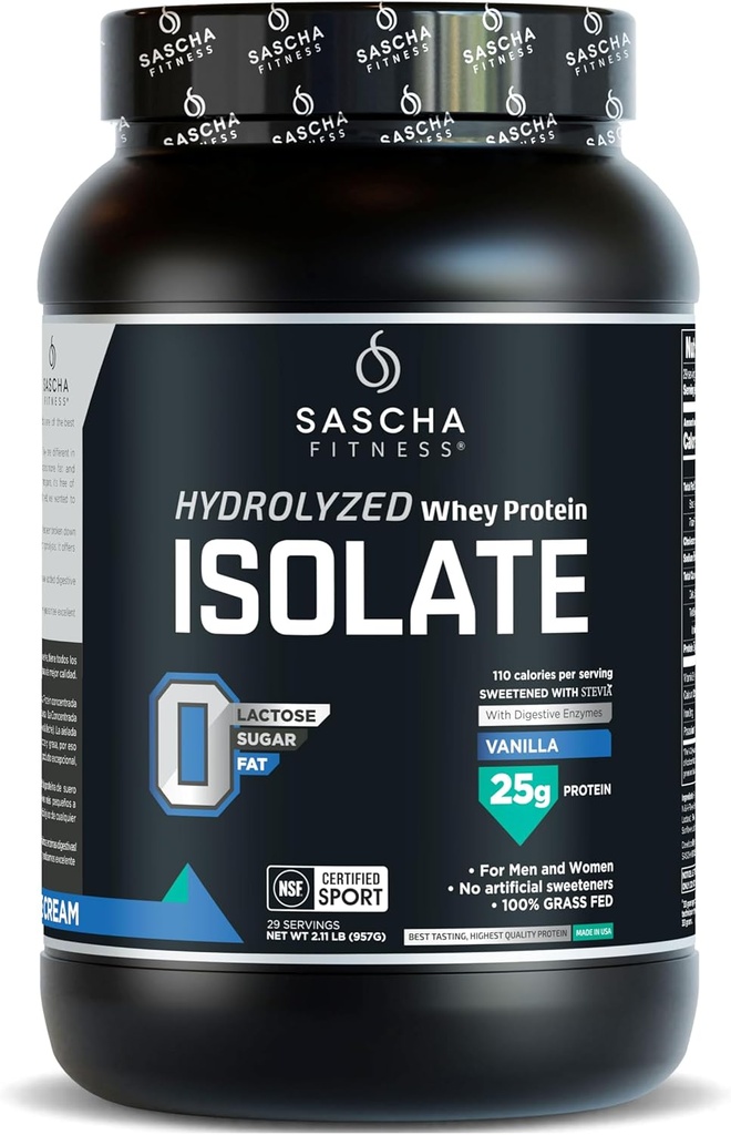 SASCHA FITNESS Isolé hydrolysé de protéines de lactosérum, 100 % gazonné (2 livres, Vanille)