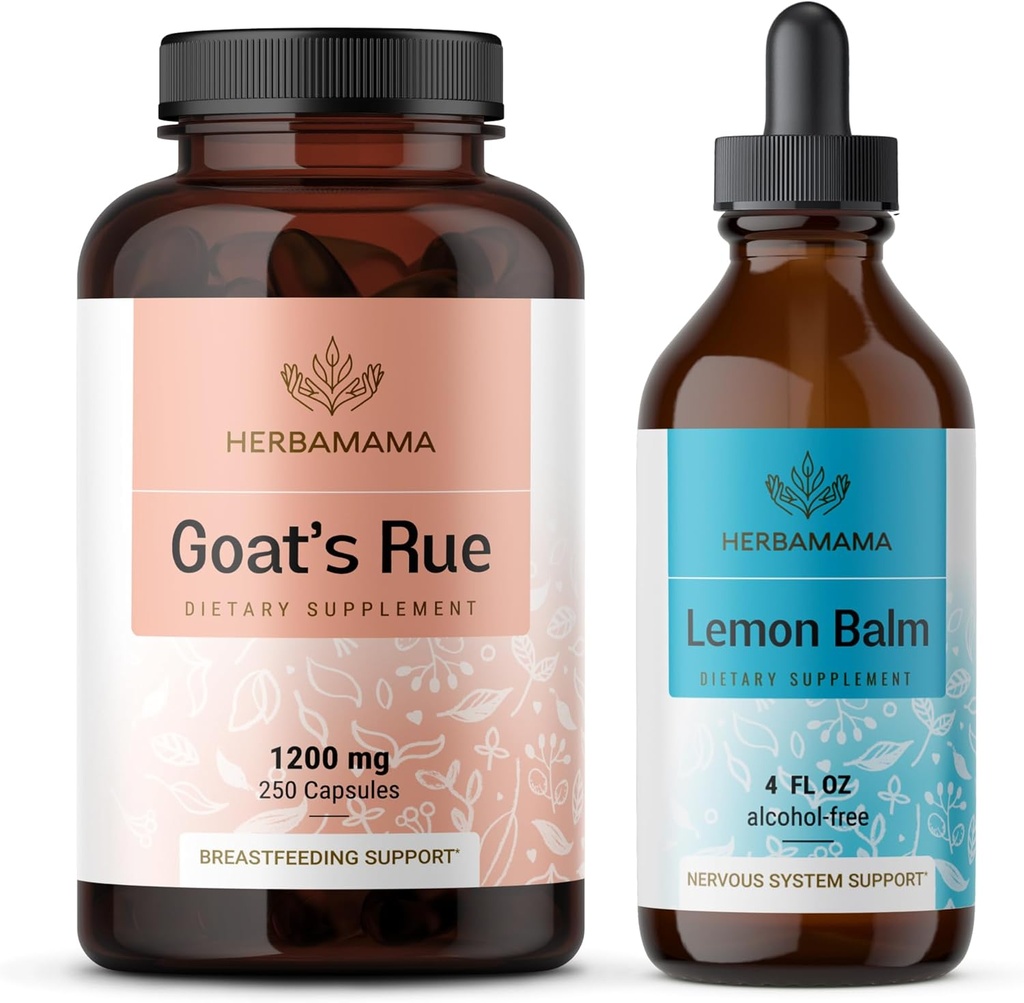 HERBAMAMA Goat's Rue and Lemon Balm Kit - Bundle of 1200 mg Goat's Rue Capsules & Lemon Balm Liquid Drops 4 fl oz - Vegan, Non-GMO, Sugar & Alcohol-Free - 2 Pack