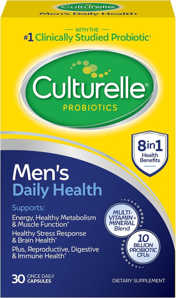 Culturelle Daily Health 8-en-1 Probiotique et multivitamine pour les hommes - 30 Compte - Probiotiques d'origine naturelle pour la santé digestive et le soutien immunitaire, avec Magnésium, Vitamine D3, Vitamine C, Vitamine B12