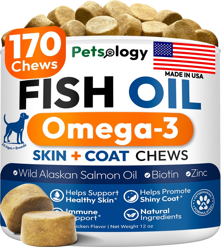 Omega 3 Huile de poisson pour chiens - 170 Chews - Omega 3 pour chiens Démangeaisons de peau et de soulagement de l'allergie - Supplément de peau et de manteau - Acide gras de l'EPA et de l'ADH - Traitement de la tache chaude et de l'anti-dépôt des chiens - Huile de saumon