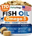 Omega 3 Huile de poisson pour chiens - 170 Chews - Omega 3 pour chiens Démangeaisons de peau et de soulagement de l'allergie - Supplément de peau et de manteau - Acide gras de l'EPA et de l'ADH - Traitement de la tache chaude et de l'anti-dépôt des chiens - Huile de saumon