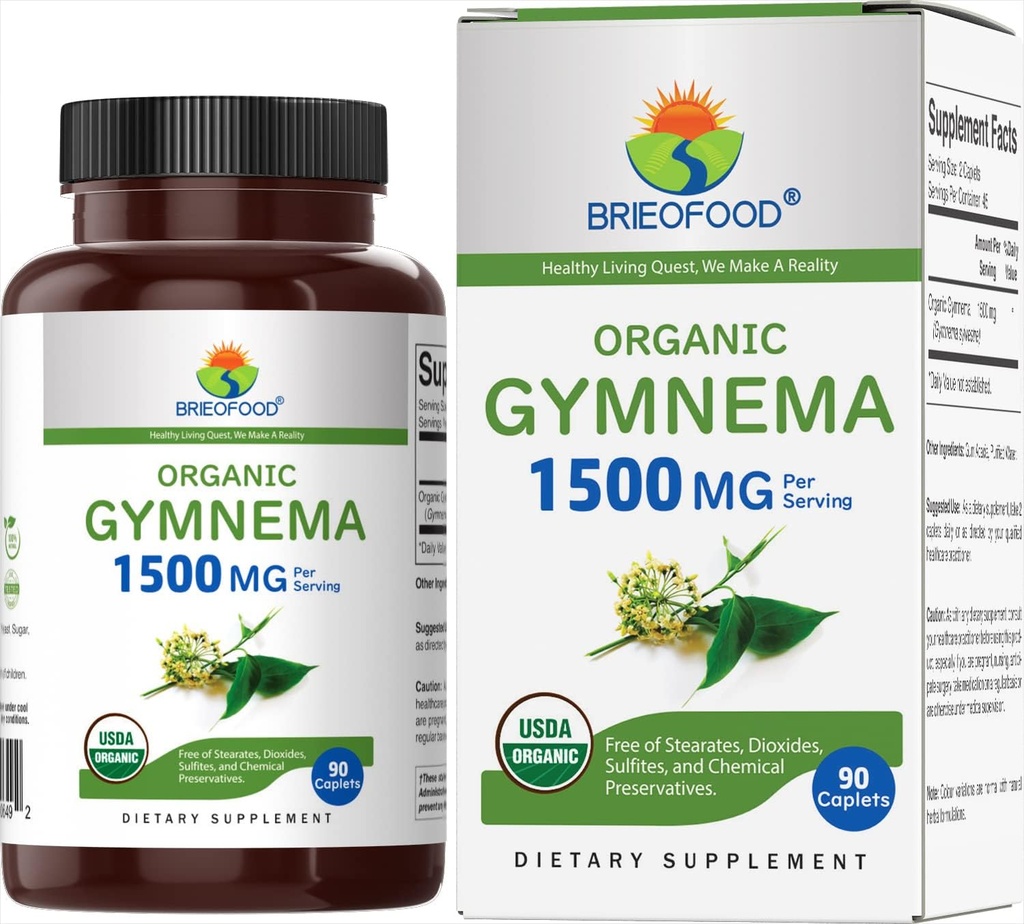 Gymnema biologique Brieofood 1500mg, 45 portions, végétarien, sans gluten, 90 comprimés végétariens
