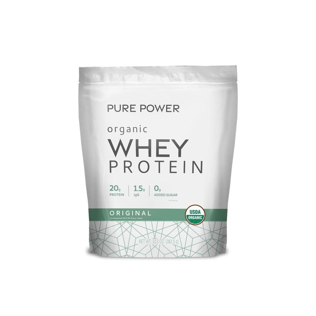 Dr Mercola Pure Power Protéine de lactosérum biologique - 20 g Protéine - Soutienne la croissance et l'énergie musculaires - Concentré de lactosérum d'herbe - 15 portions (20.60 oz) - Original