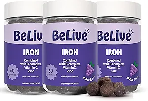 Gommies de fer BeLive - Supplément de fer multivitamine avec vitamine C, A, B & Zinc, soutient l'oxygène du sang, suppléments végétaliens pour les femmes, les hommes et les enfants pour la croissance et le développement - Arôme de raisin