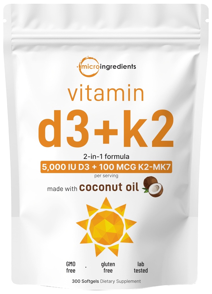 Micro-ingrédients Vitamine D3 5 000 UI + K2 MK-7 100 mcg, 300 Softgels