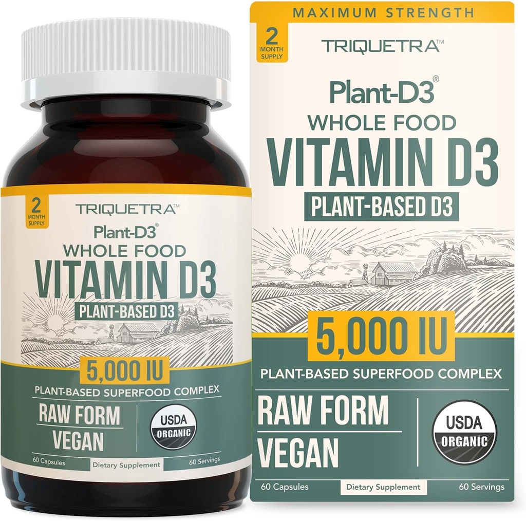 Organic Vitamin D3 5,000 IU - 100% Whole Food & Plant-Based Cholecalciferol Form, 100% Vegan Vitamin D - Enhanced with Prebiotic & Superfood Complex – Organic, Vegan, GMO & Gluten Free (60 Capsules)