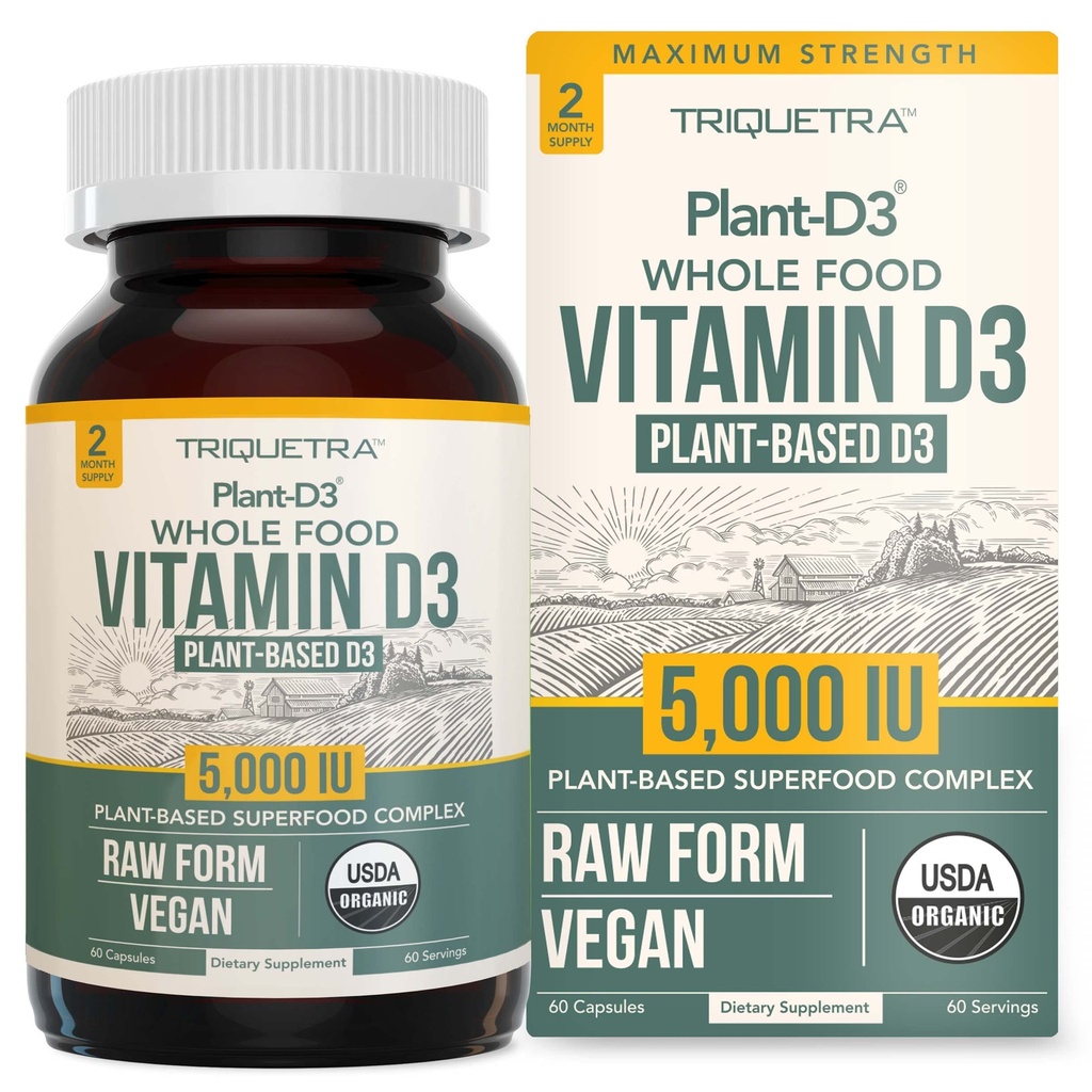 Vitamine biologique D3 5 000 UI - 100 % d'aliments entiers et forme de cholecalciférol à base végétale, 100 % de Vitamine végétale D - Enrichie avec complexe prébiotique et superalimentaire – bio, végétalien, OGM et sans gluten (60 capsules)
