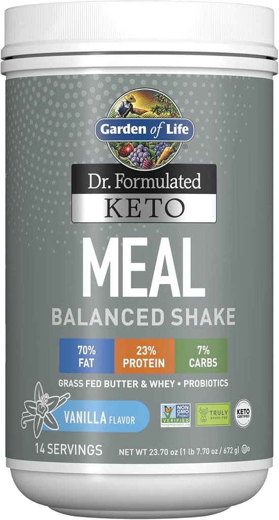Garden of Life Dr. Formulé Keto Meal Balanced Shake - Poudre de vanille, 14 portions, véritable beurre de féverole et protéines de lactosérum plus probiotiques, non-OGM, sans gluten, kétogène, substitut de repas Paléo