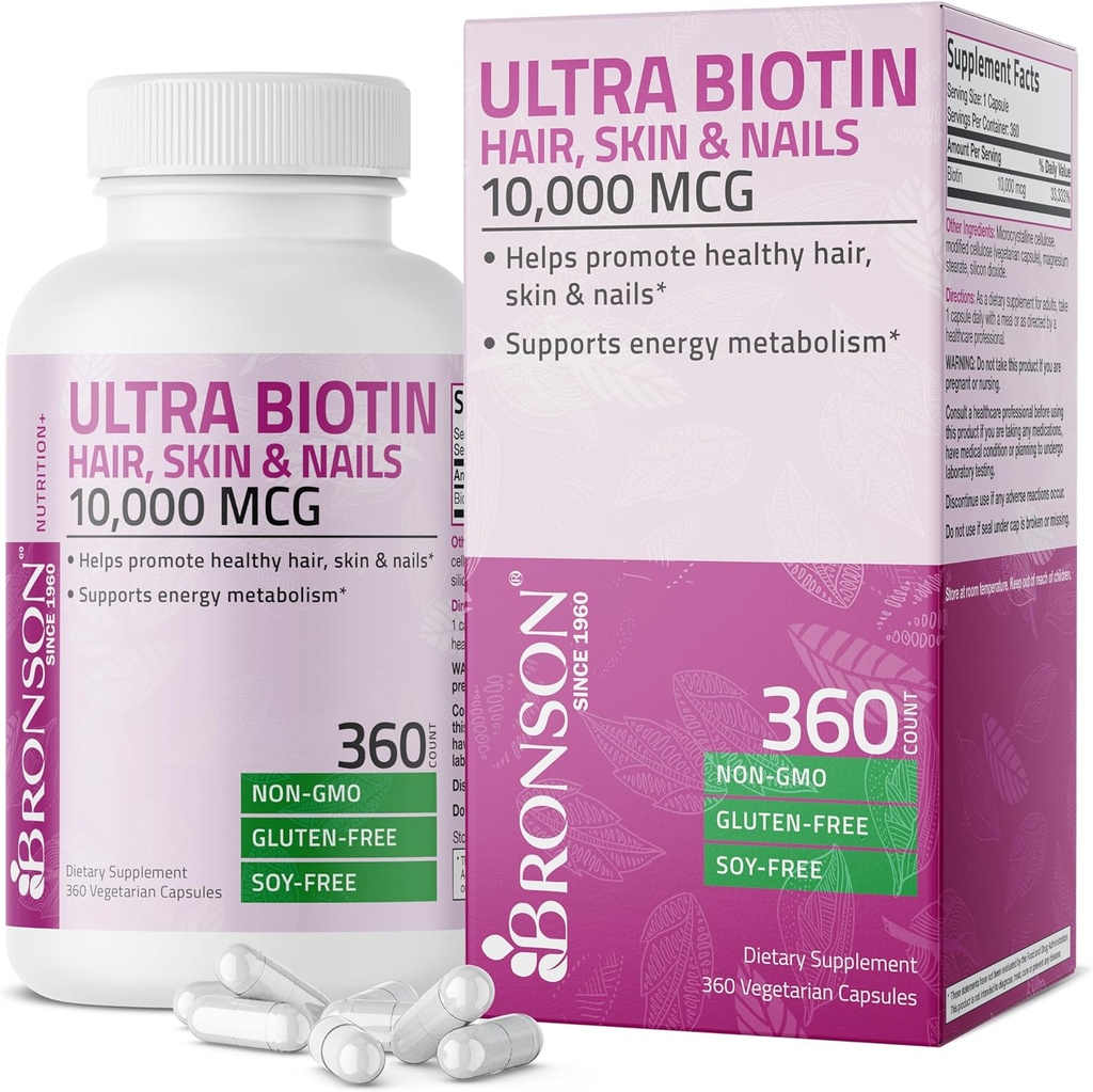 Bronson Ultra Biotin 10 000 Mg Supplément pour cheveux et ongles, non-OGM, 360 Capsule végétarienne
