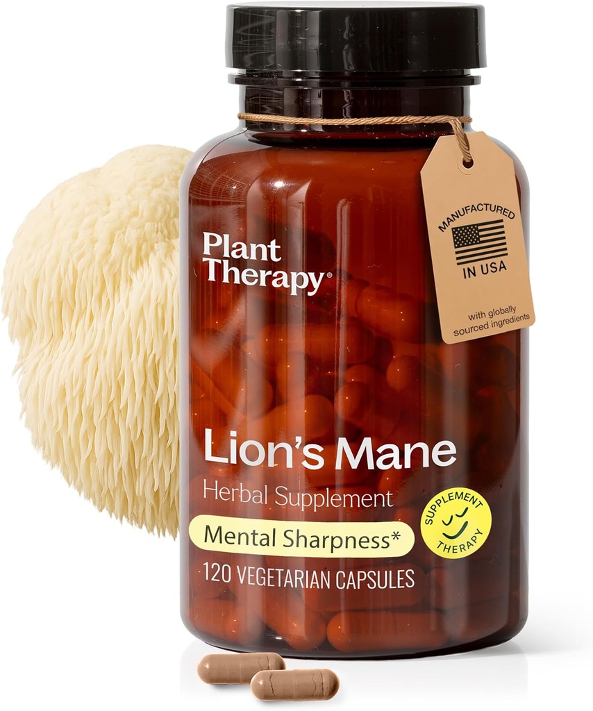 Plant Therapy Lion Mane Mushroom Supplément Capsules fabriqués aux États-Unis 4 mois d'approvisionnement soutient la santé cérébrale, la clarté mentale et les suppléments de mémoire pour les femmes et les hommes 120 Capsule végétarienne