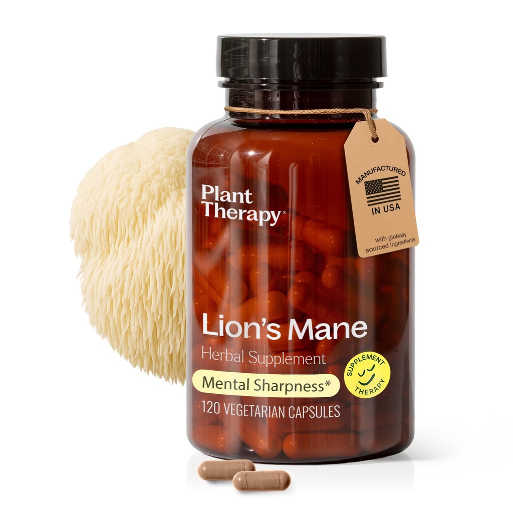 Plant Therapy Lion Mane Mushroom Supplément Capsules fabriqués aux États-Unis 4 mois d'approvisionnement soutient la santé cérébrale, la clarté mentale et les suppléments de mémoire pour les femmes et les hommes 120 Capsule végétarienne