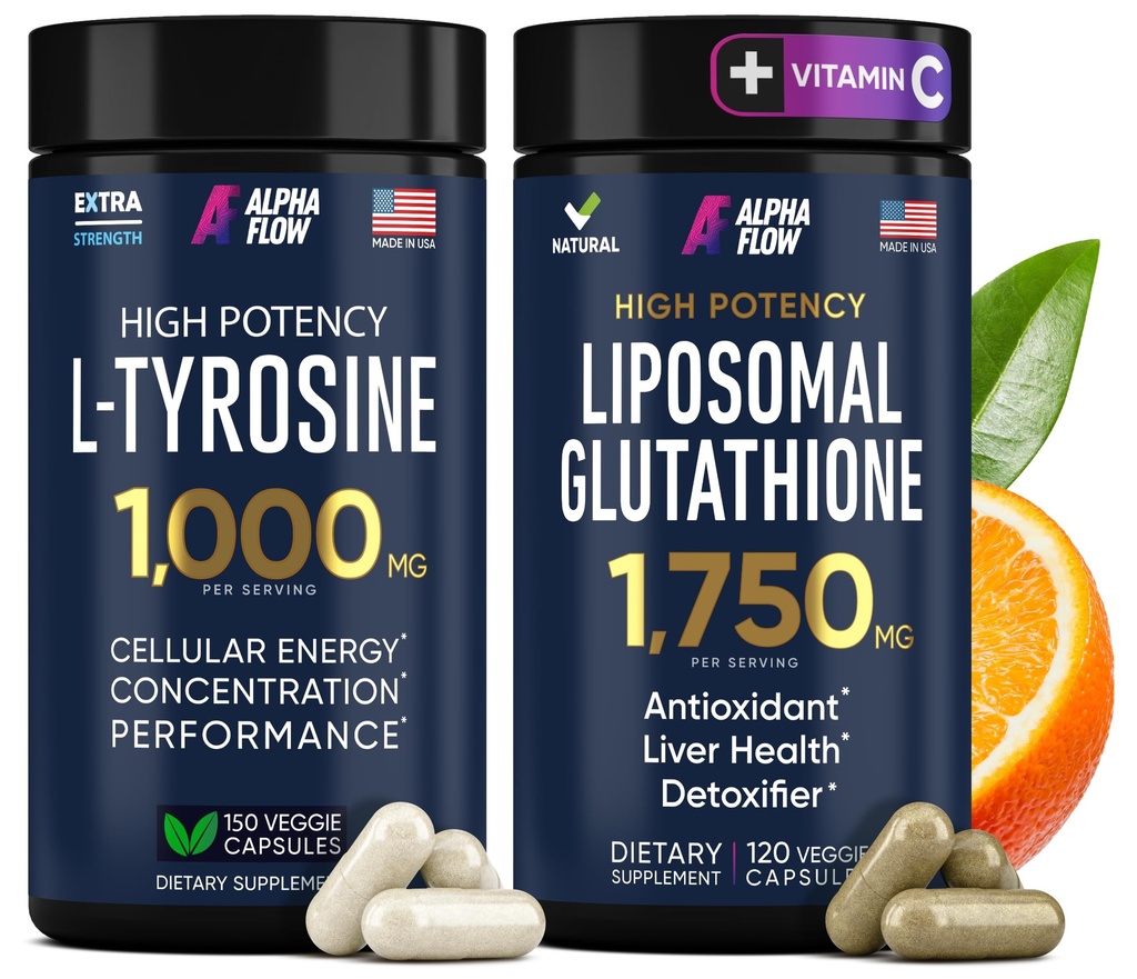 (Bundle) L Tyrosine 1000mg & Glutathion liposomique 1750mg - All-Natural Focus, énergie et soutien du foie - Non-OGM, sans gluten, végétalien - 270 capsules Total