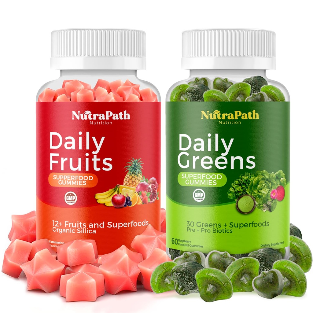 Superfood Fruits et légumes Gummies (120 Chews), 12+ Superfruits et 30 légumes, Fruits et herbes, Vitamines de fruits et légumes, non OGM, à base de pectines, sans gluten