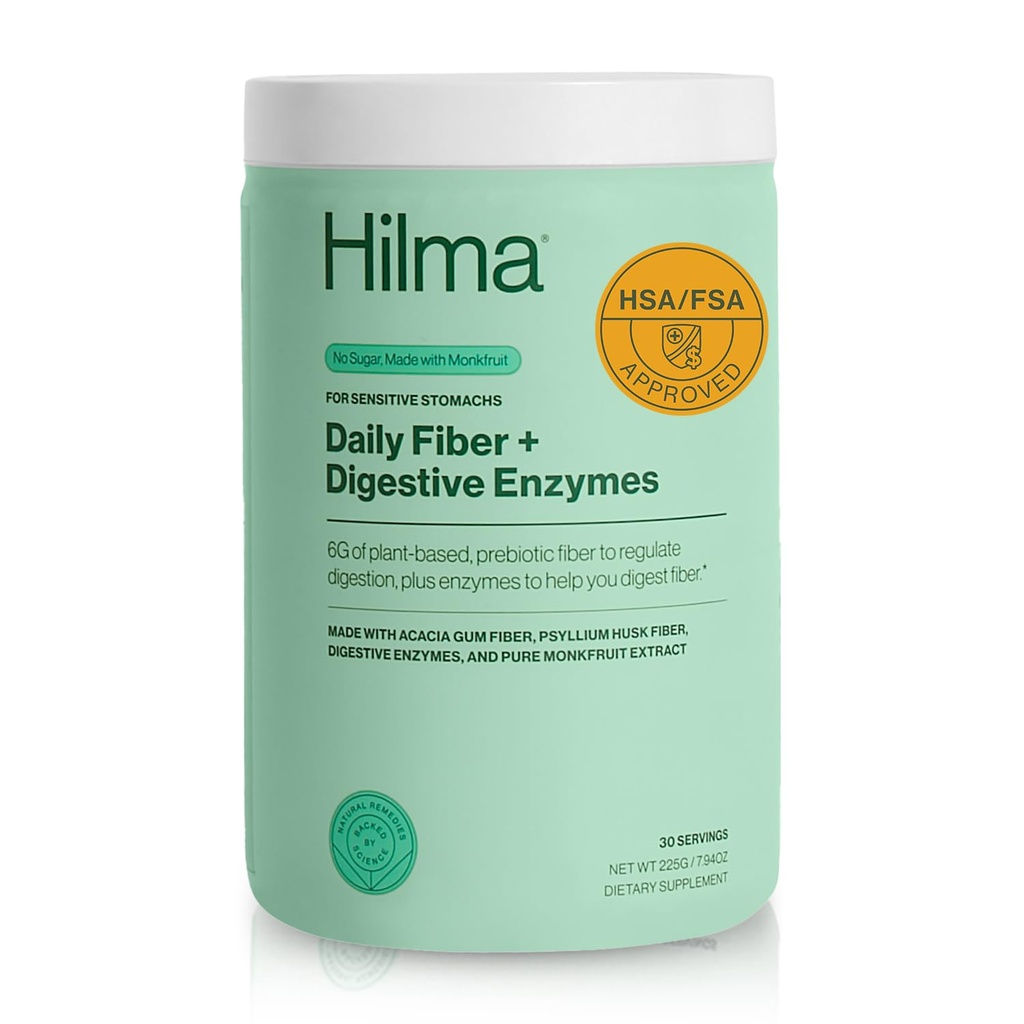 Enzymes quotidiennes de fibre et de digestive Hilma, poudre de supplément de fibre avec prébiotiques et enzymes formulés avec du Psyllium Husk et Acacia, sans gluten, végétalien, FSA admissible, soutien digestif, 30 portions