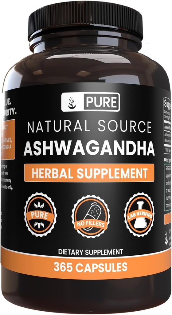 Ingrédients originaux purs Ashwagandha (365 Capsules) Pas de Magnésium ou de Rice Fillers, Toujours Pure, Verified Lab