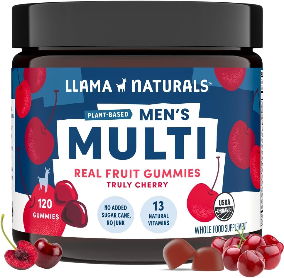 Lama naturel multivitamines pour les hommes, végétalien, Gommies organiques avec la vitamine D, C et K, Vitamines Gommy de fruits réels pour les hommes, supplément de multivitamines à croquer, pas d'ajout de canne à sucre, cerise, 120 Ct