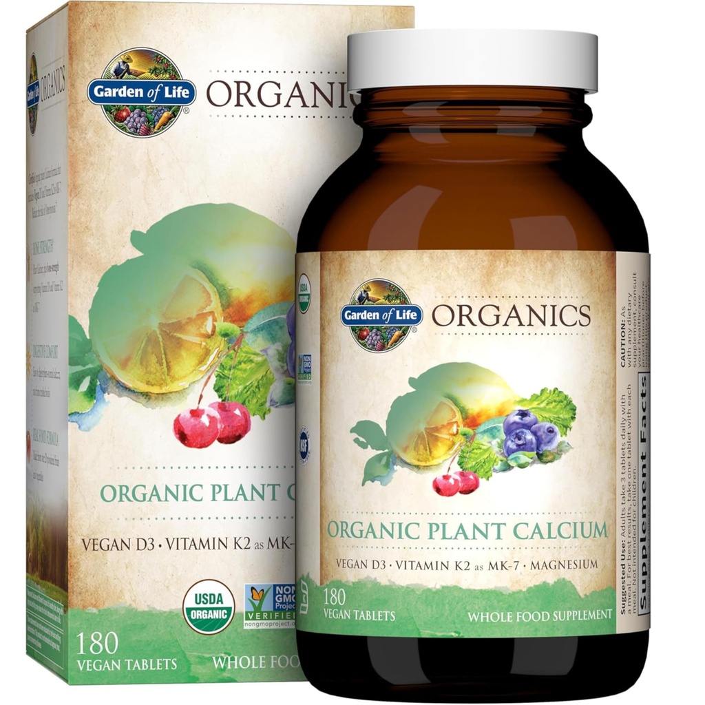 Supplément de calcium de jardin de vie avec magnésium et vitamine organique D3 K2, fabriqué à partir d'aliments entiers, sans gluten, 180 Compte