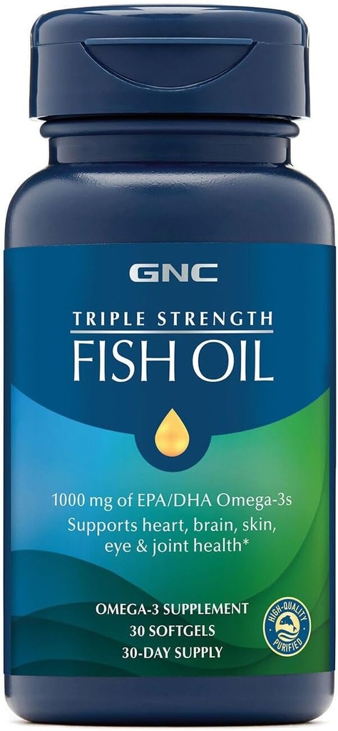 GNC Triple Strength Fish Oil Omega 3 Supplément, 1000mg EPA et DHA, soutient le cœur, le cerveau, la peau, les yeux et la santé articulaire, 30 softgels