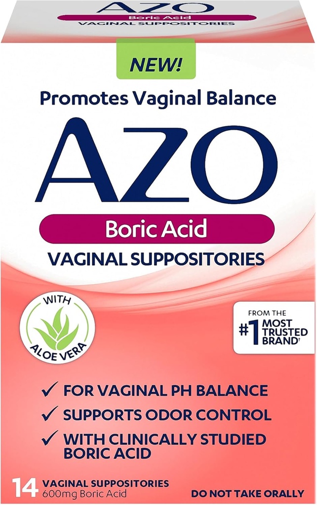 Suppositoires d'acide borique AZO pour les femmes, aide à soutenir le contrôle des odeurs et l'équilibre PH vaginal avec l'acide borique cliniquement étudié, non-OGM, 30 comte
