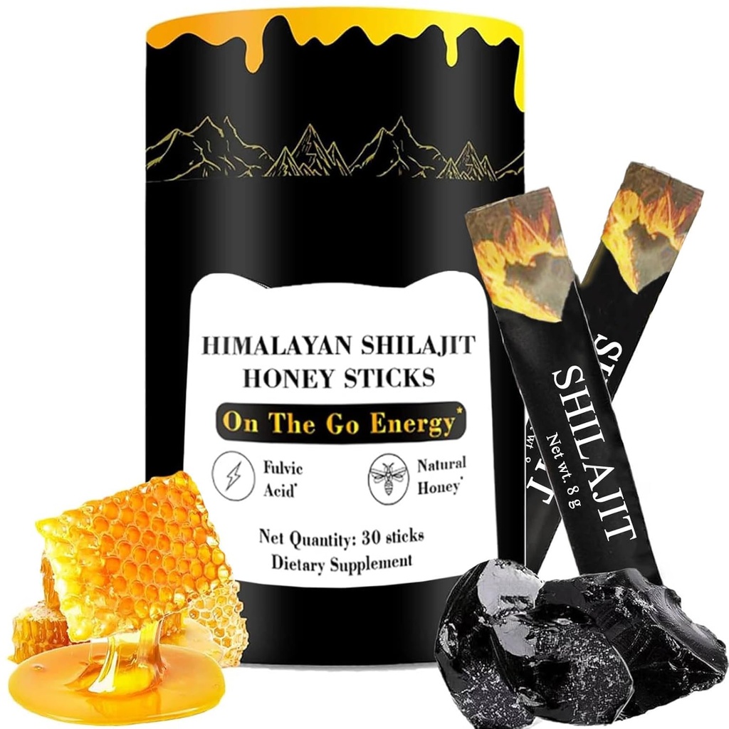 Shilajit Honey Sticks, Himalayan Shilajit Honey Sticks, Résine pure himalayenne, miel et safran, 30 bâtons d'absorption haute pour l'énergie, la force et le soutien cognitif