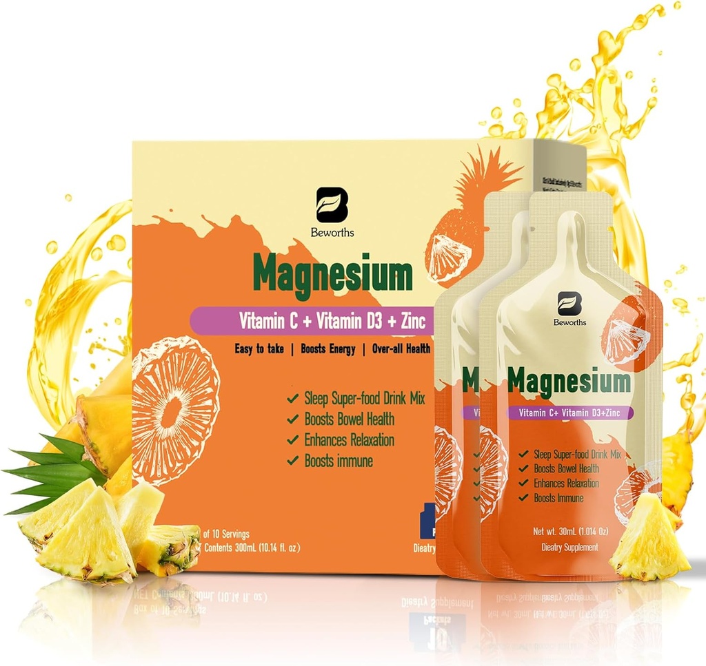 Supplément liquide de citrate de magnésium, avec Bromelain, vitamine C, D3, B6, zinc, solution orale de citrate de magnésium à haute absorption, magnésium pour constipation, zzz & énergie, ananas, 10 Fl Oz