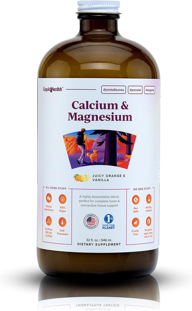 LIQUIDHEALTH Calcium et magnésium supplément de vitamine liquide adulte - os, articulations, muscles, soutien tissulaire conjonctif, santé cardiaque, nutriments essentiels - Fabriqué aux États-Unis, végétalien, non OGM, pas de sucre (32 oz)