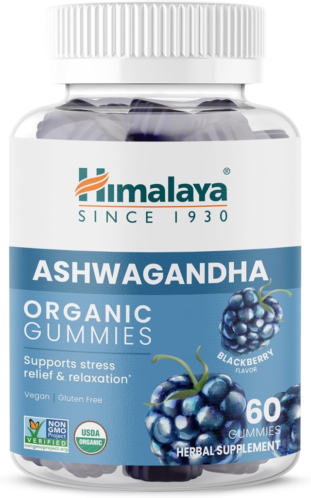 Himalaya Ashwagandha Gommies biologiques, KSM-66 Ashwagandha biologiques pour aider à soulager le stress, l'énergie et la relaxation, 60 Gommies avec délicieux BlackBerry Flavor
