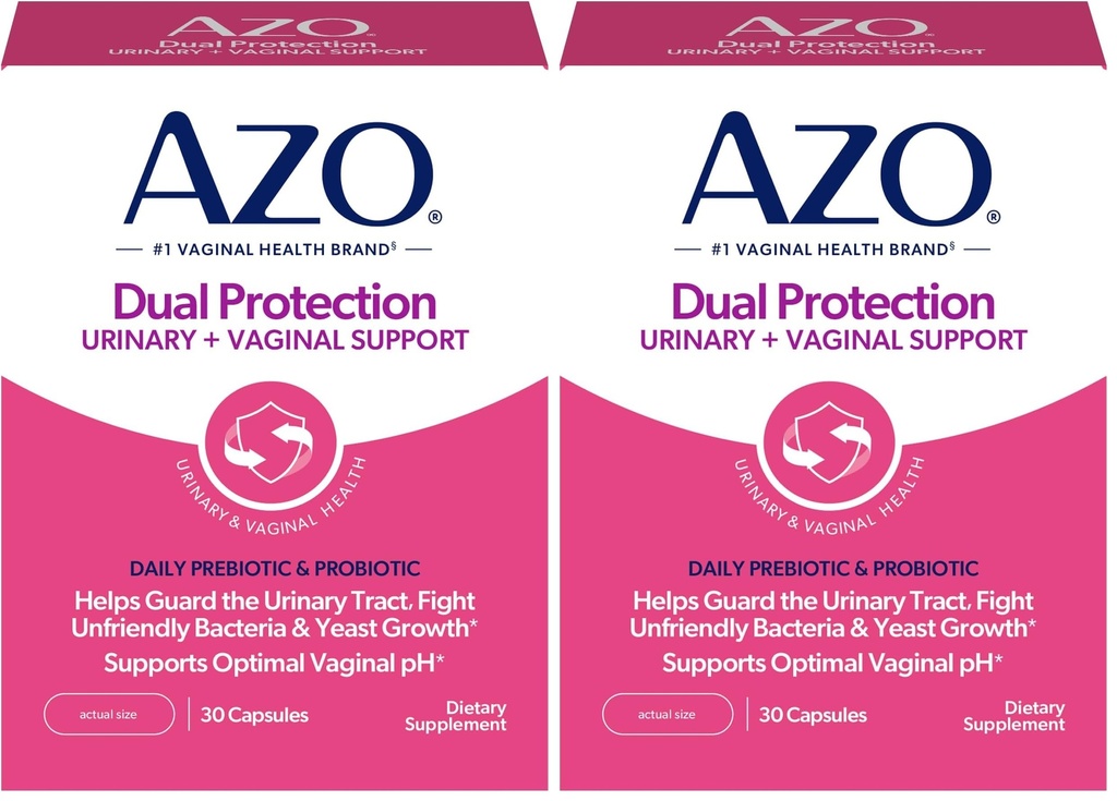 AZO double protection: Urinaire + Vaginal Support*= Prébiotique Plus Probiotique de femmes prouvées cliniquement.