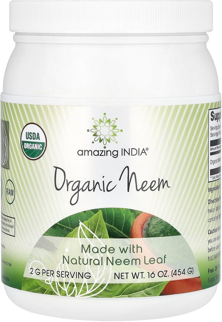 Inde incroyable en poudre de neem biologique certifiée USDA (non-OGM) 16oz - favorise la purification du sang, l'immunité et la peau saine